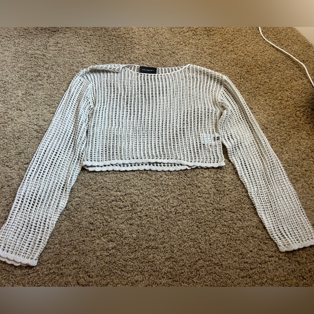Long Sleeve Crochet Top - Silver - Size Small